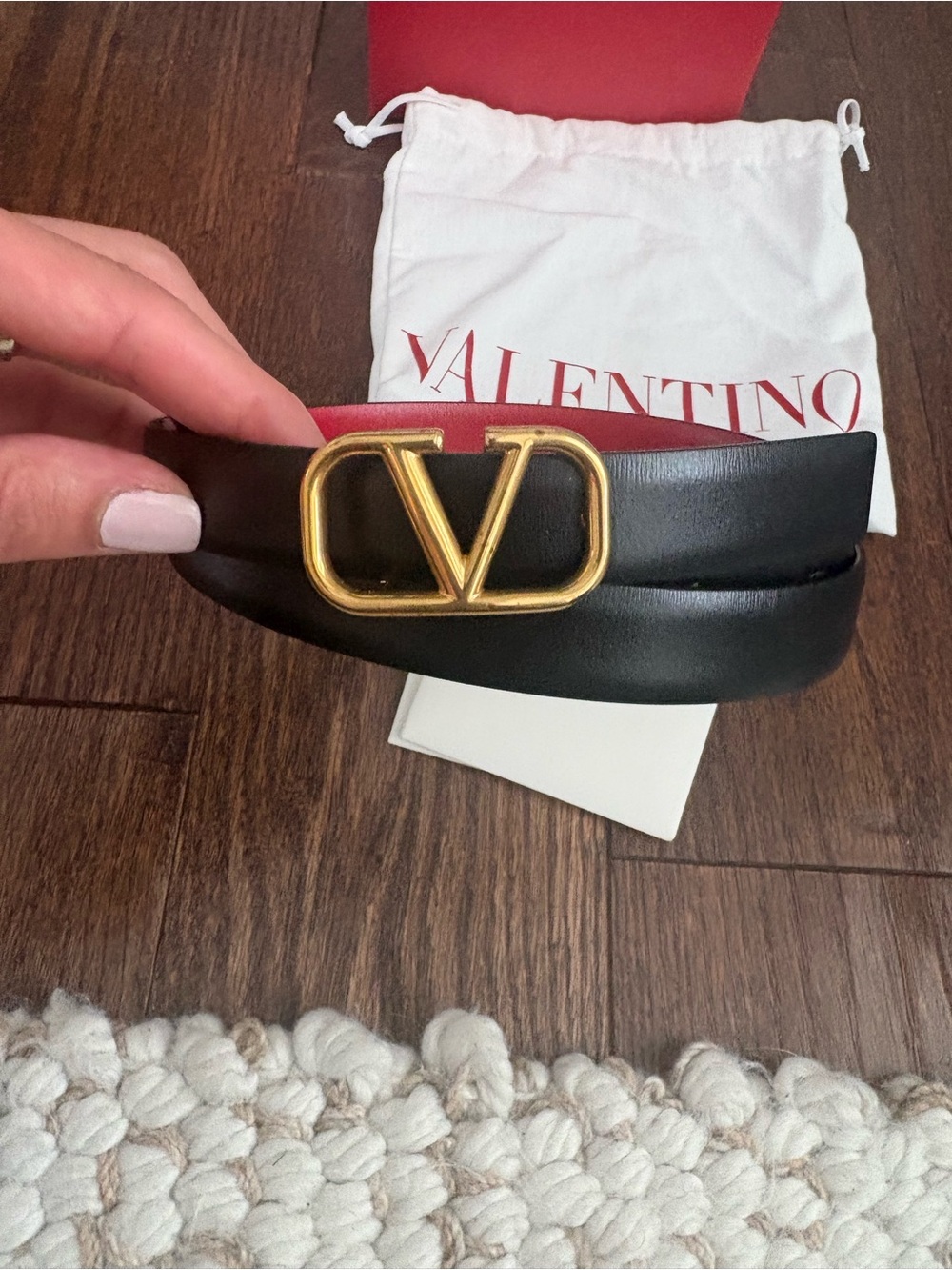 Valentino Black Leather reservable Red Belt with Gold V Logo Buckle
New!!!!!!